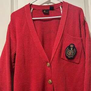 LizSport Preppy Patch appliqué button down Vneck Cardigan sweater pockets size M